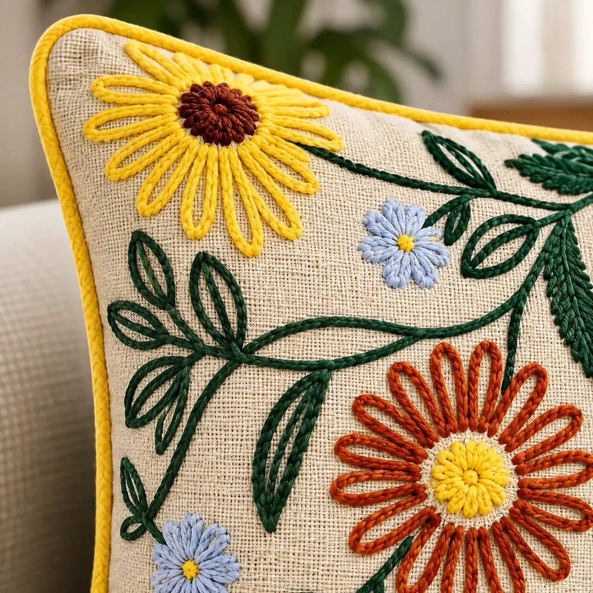 Sunny Flowers Embroidered Cushion Cover