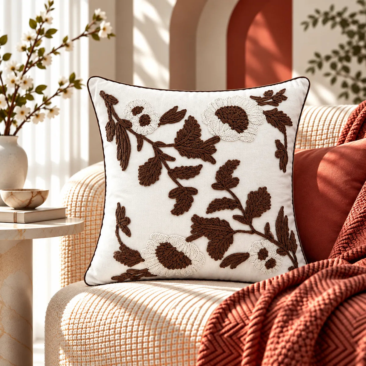 Brown Bloom Premium Embroidered Cushion Cover