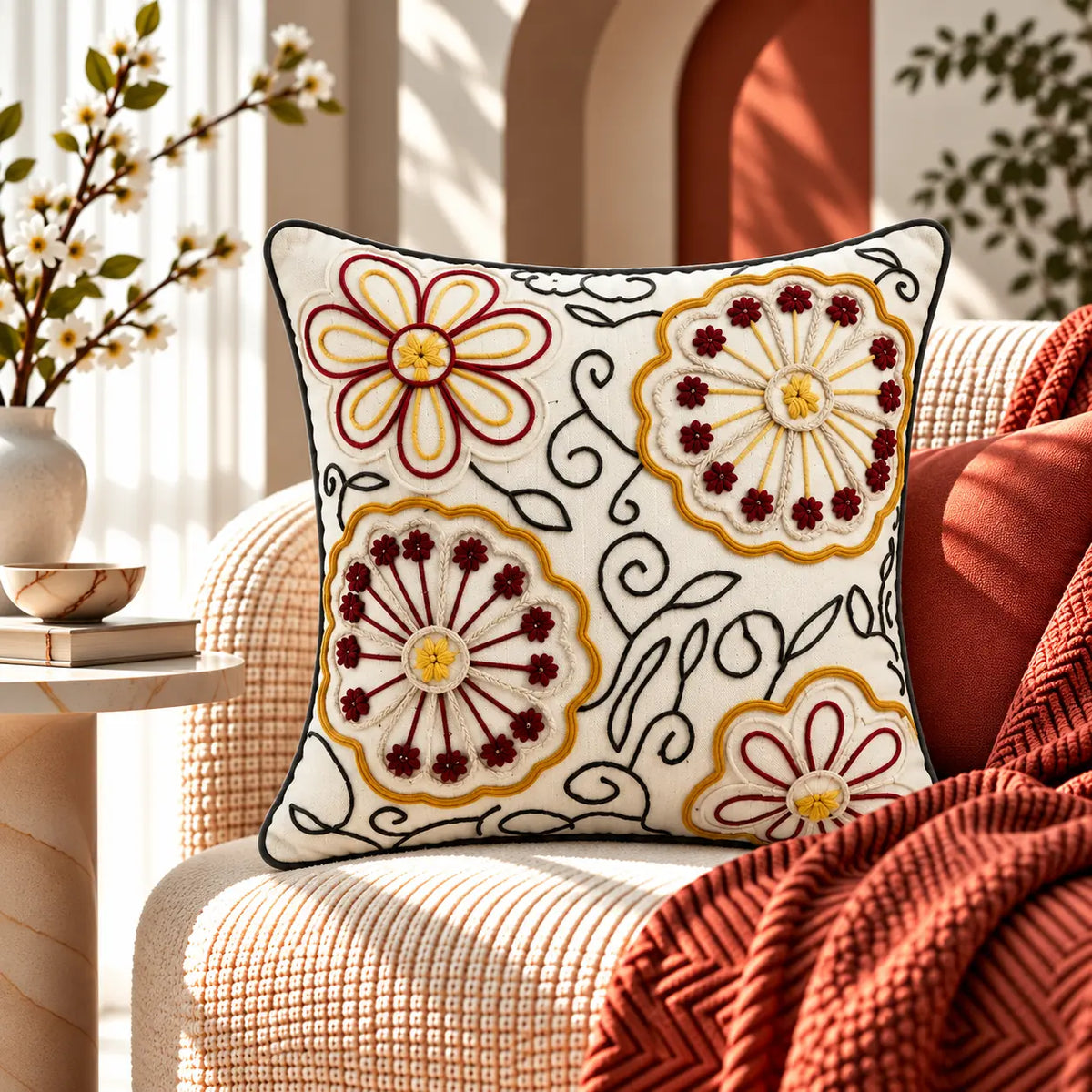Flower Swirl Embroidered Cushion Cover