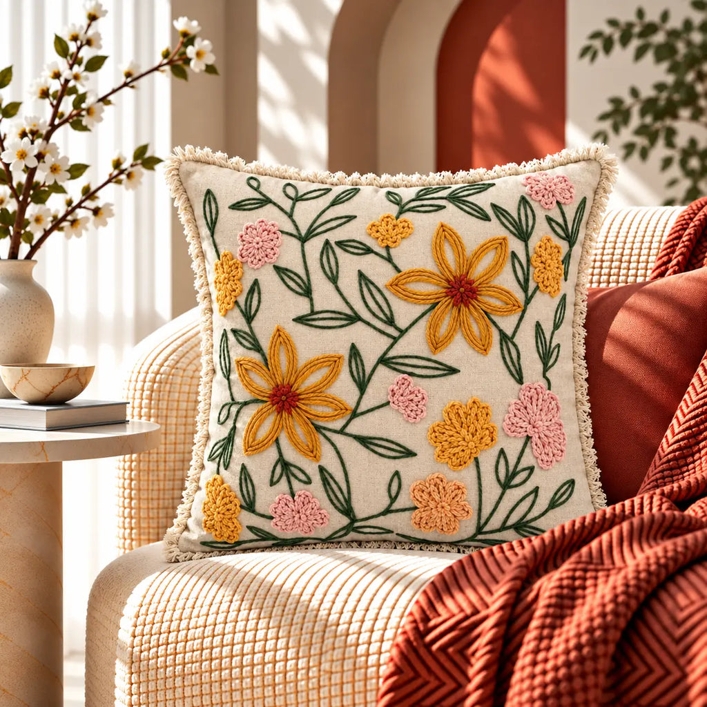 Garden Bloom Embroidered Cotton Cushion Cover