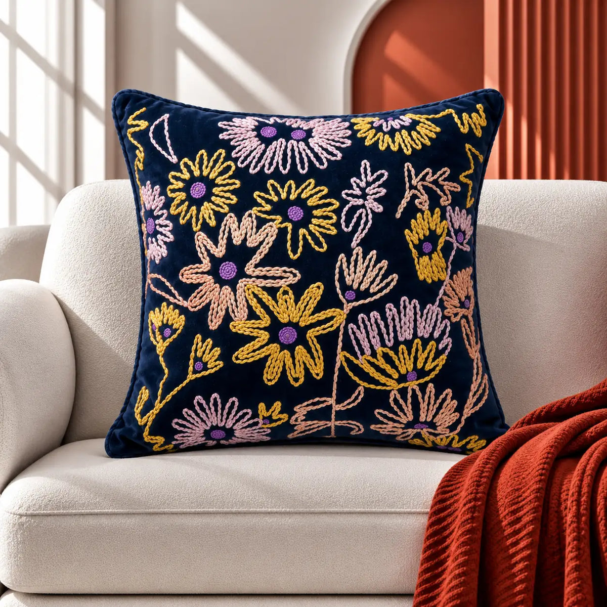 Midnight Flowers Embroidered Velvet Cushion Cover