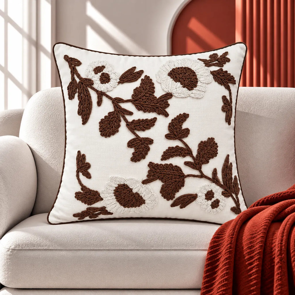 Brown Bloom Premium Embroidered Cushion Cover