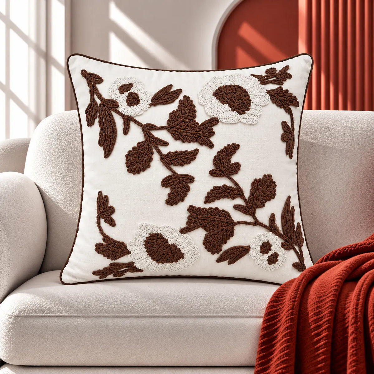 Brown Bloom Premium Embroidered Cushion Cover
