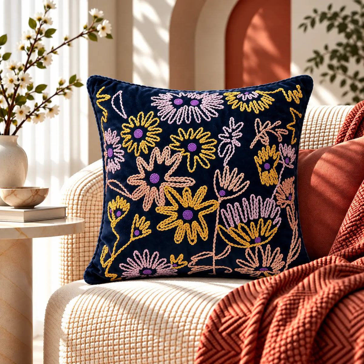 Midnight Flowers Embroidered Velvet Cushion Cover