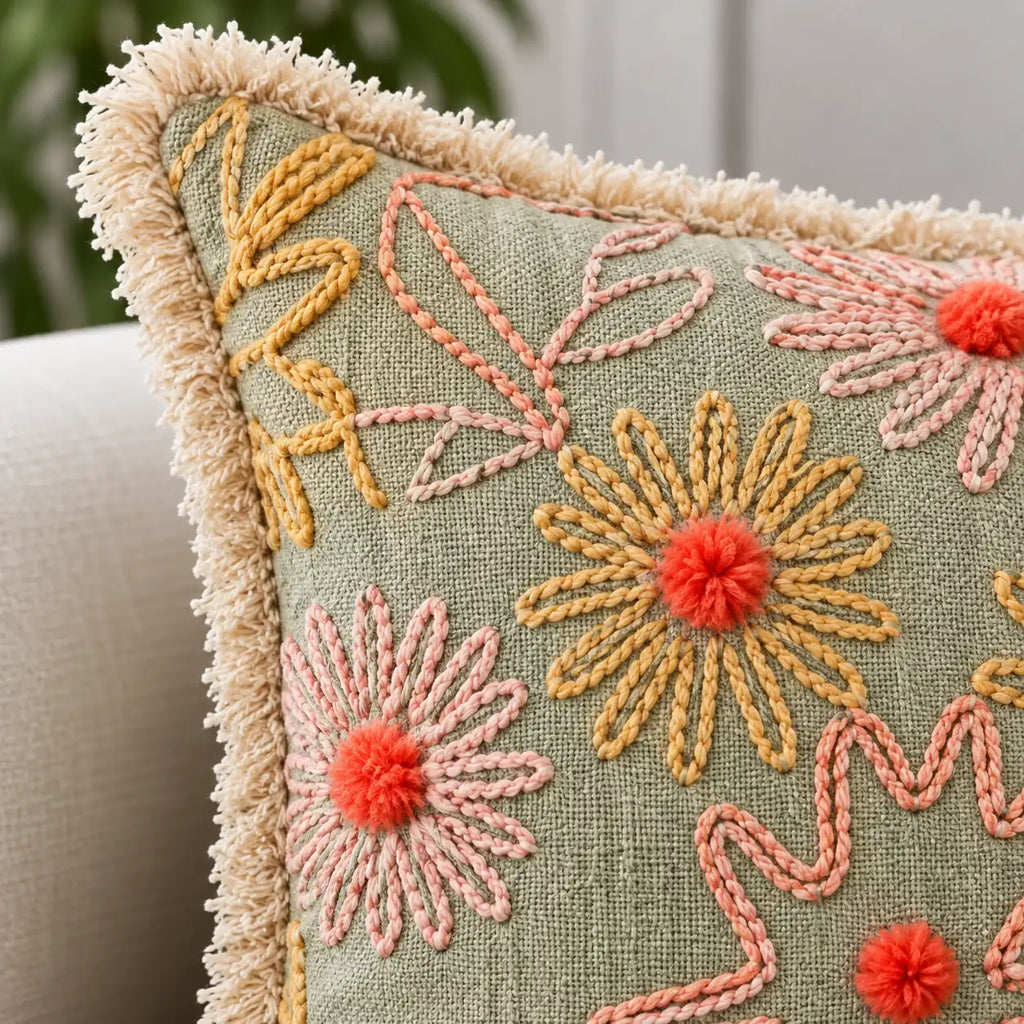 Mint Garden Embroidered Cushion Cover
