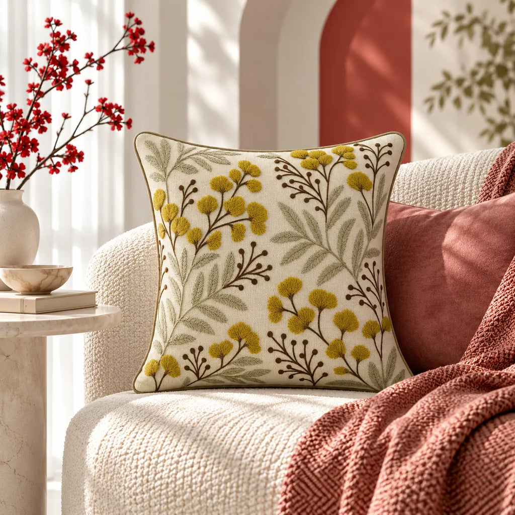 Mustard Bloom Embroidered Cushion Cover