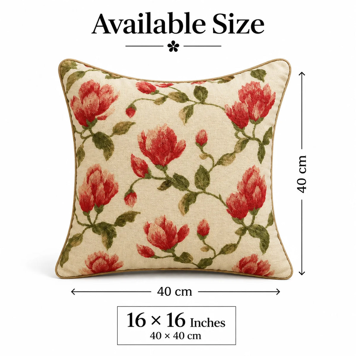 Red Blossom Embroidered Cotton Cushion Cover