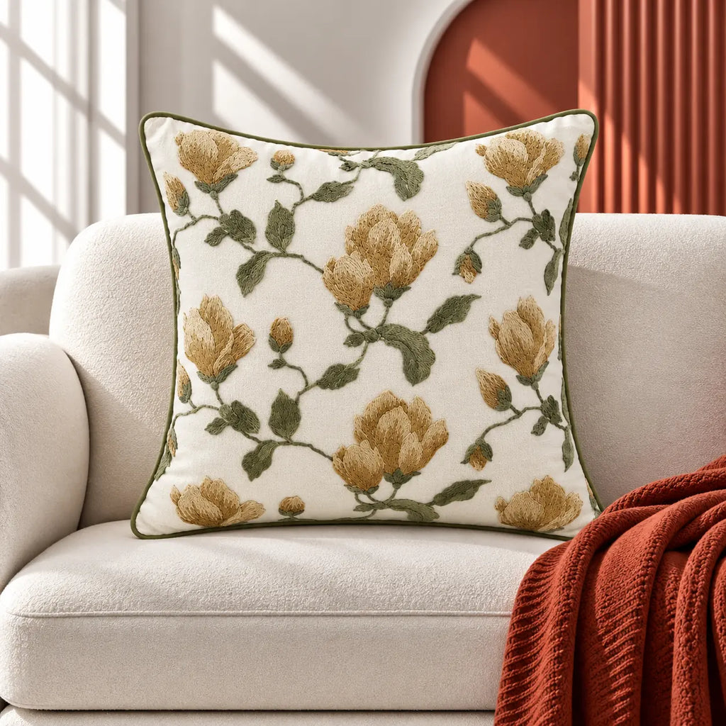 Golden Bloom Embroidered Cushion Cover