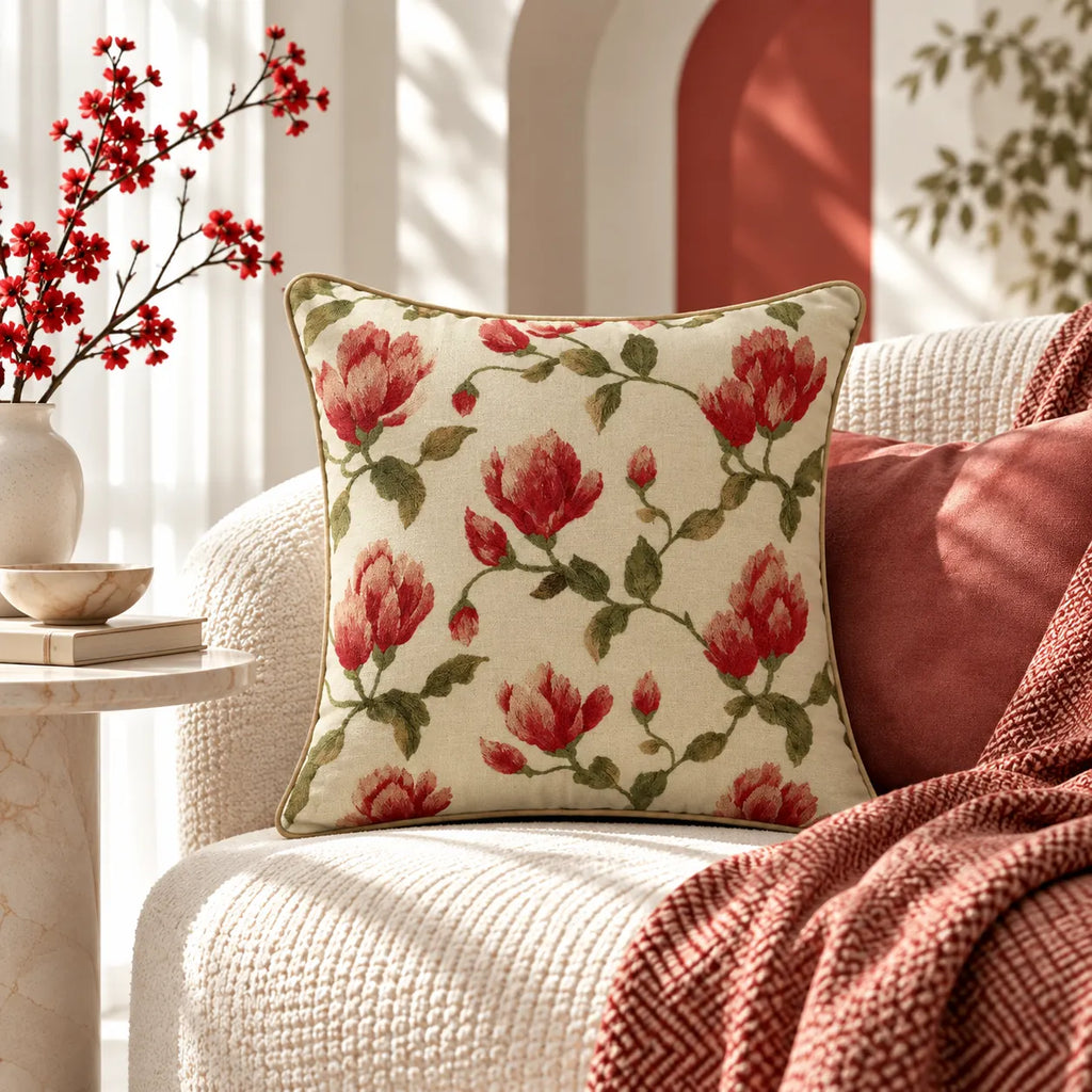 Red Blossom Embroidered Cotton Cushion Cover