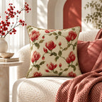 Red Blossom Embroidered Cotton Cushion Cover