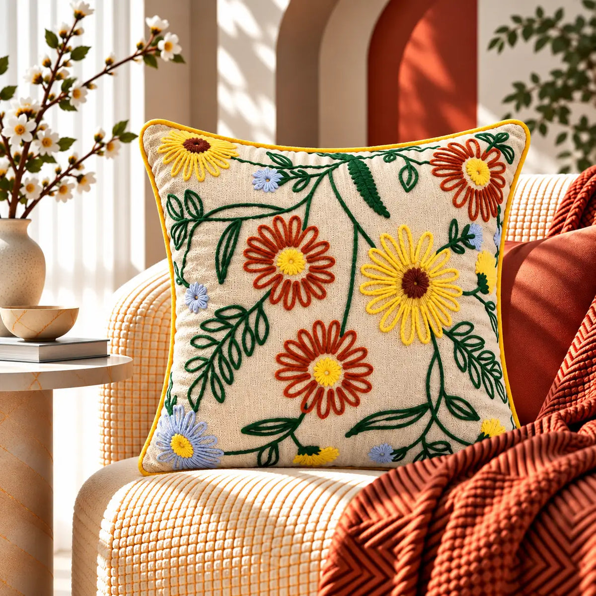 Sunny Flowers Embroidered Cushion Cover