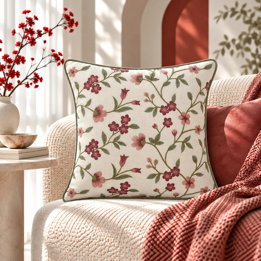Floral Vine Embroidered Cushion Cover