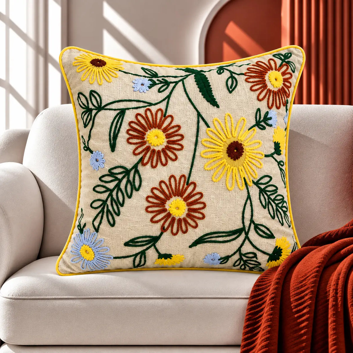 Sunny Flowers Embroidered Cushion Cover