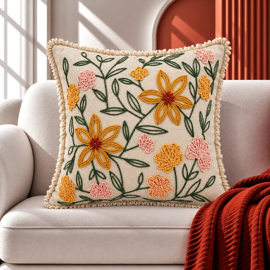 Garden Bloom Embroidered Cotton Cushion Cover