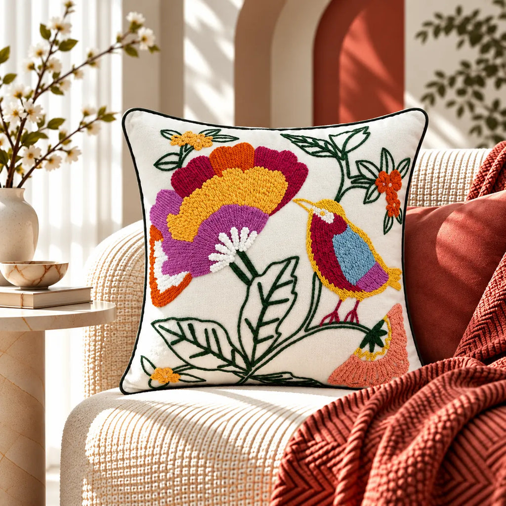 Bird Garden Premium Embroidered Cushion Cover